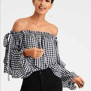 American Eagle Gingham Check Off Shoulder Cropped Top